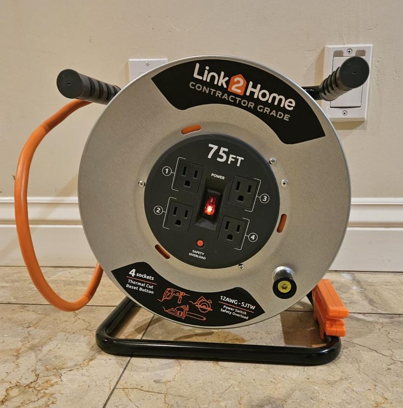 Link2Home 75 ft. 12/3 Extension Cord Storage Reel with 4 Grounded Outlets and Overload Circuit Breaker