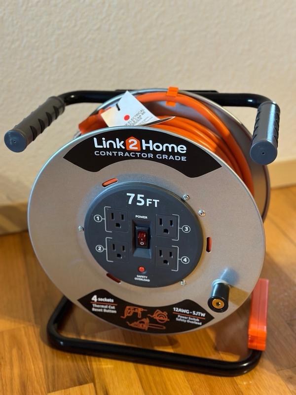 Link2Home 4-Outlet Heavy Duty Professional Grade Metal Cord Reel with High  Visibility 50 ft. 12 AWG SJTW Extension Cord