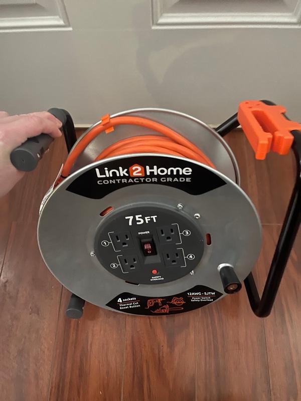 Link2Home 75 ft. 12/3 Extension Cord Storage Reel with 4 Grounded Outlets  and Overload Cir