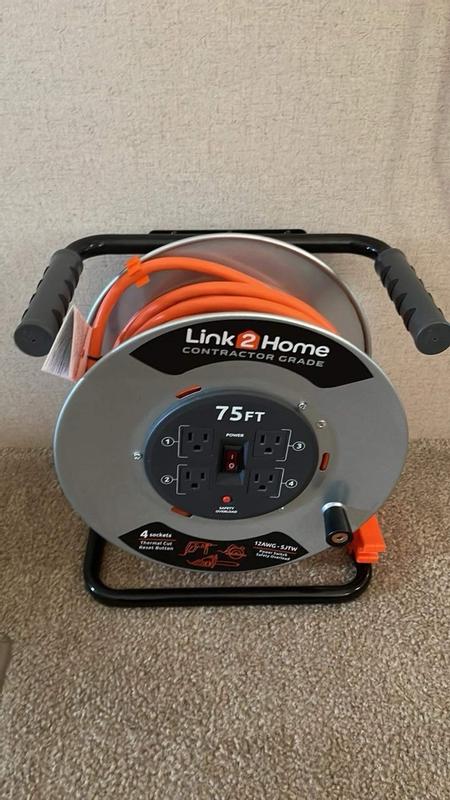 Link2Home Contractor Grade Retractable Extension Cord Reel 75 Ft. With 4  Outlets & Heavy Duty/High Visibility 3-Prong SJTW Cord