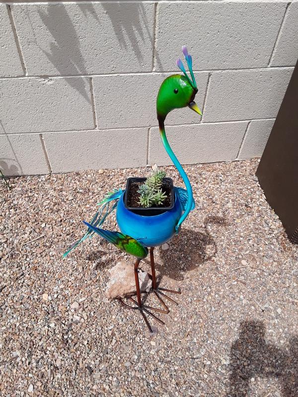 Colorful Metal Bird Planter with Wings on Springs Flamingo 