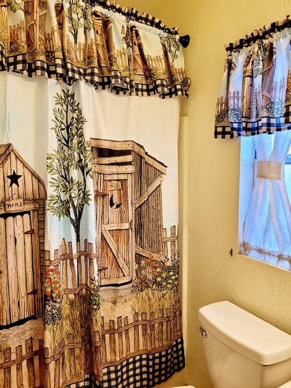 Outhouses Novelty Shower Curtain, Towels, Soap Dish, Tissue Box