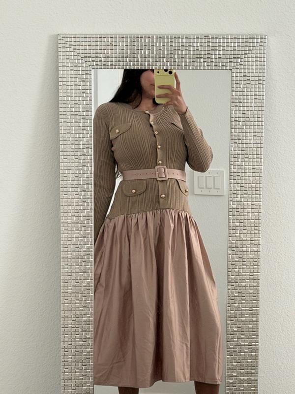 Customer photo for "Elegant knit-and-satin dress, runs a bit snug"