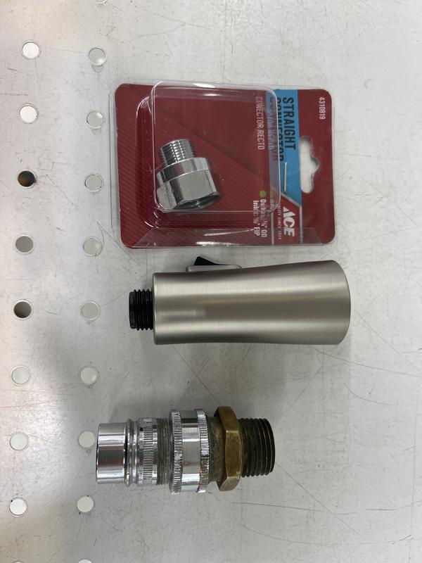 Top to bottom: typical connector to an aerator, spray head, aerator that the portable dishwasher connect to with a brass adaptor for the old faucet hose and that the new connector fits
