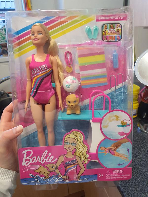 Barbie Dreamhouse Adventures Swim'n Dive Doll, 11.5-inch in Swimwear, with  Diving Board and Puppy by Mattel