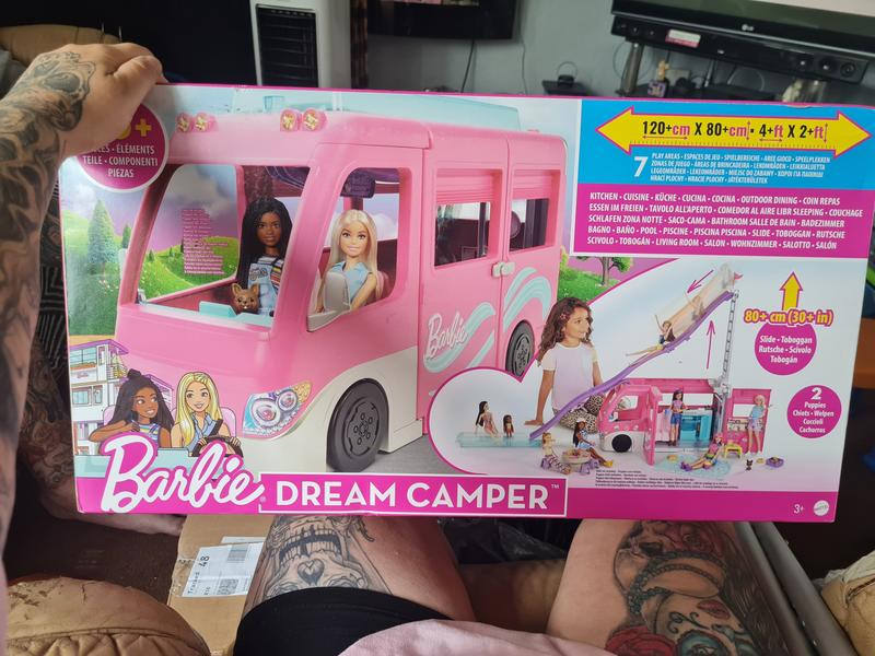 Barbie Camper Playset, Dreamcamper Toy Vehicle with 50 Accessories  Including Furniture, Pool & Slide, Hammocks & Fireplace