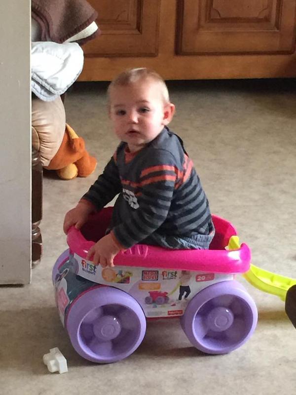 mon petit léo qui a trouver une nouvelle chose a faire avec le charriot .