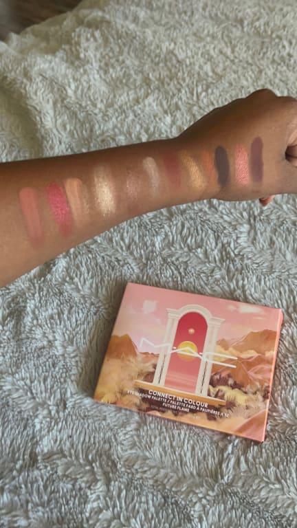 Packaging, and eyeshadow swatches.