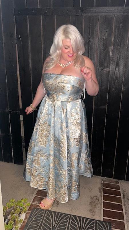 Strapless Brocade Midi Dress with Pockets