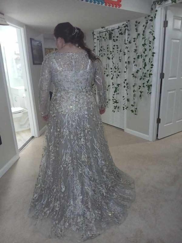 Women's Embellished Wrap Over Illusion Long Sleeve A Line Gown