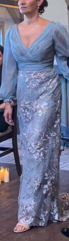 【Mac Duggal】 ビーズイリュージョンミディドレス Blue and Gold Embellished Illusion Cap Sleeve Column Gown