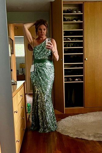 Mac Duggal Women's Sequined One Shoulder Draped Lace Up Gown