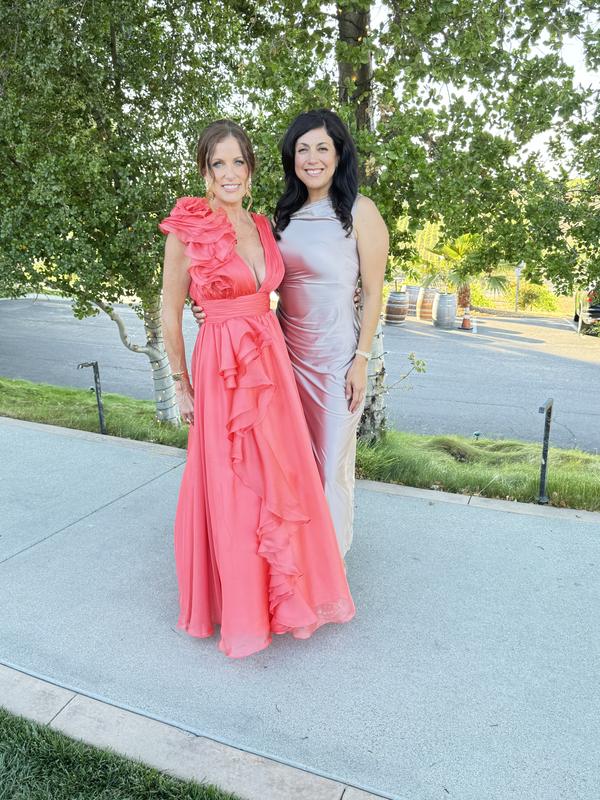 Ruffle Shoulder V-Neck Chiffon Gown