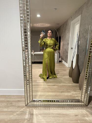 Mac Duggal Pleated High Neck Raglan Long Sleeve Side Slit