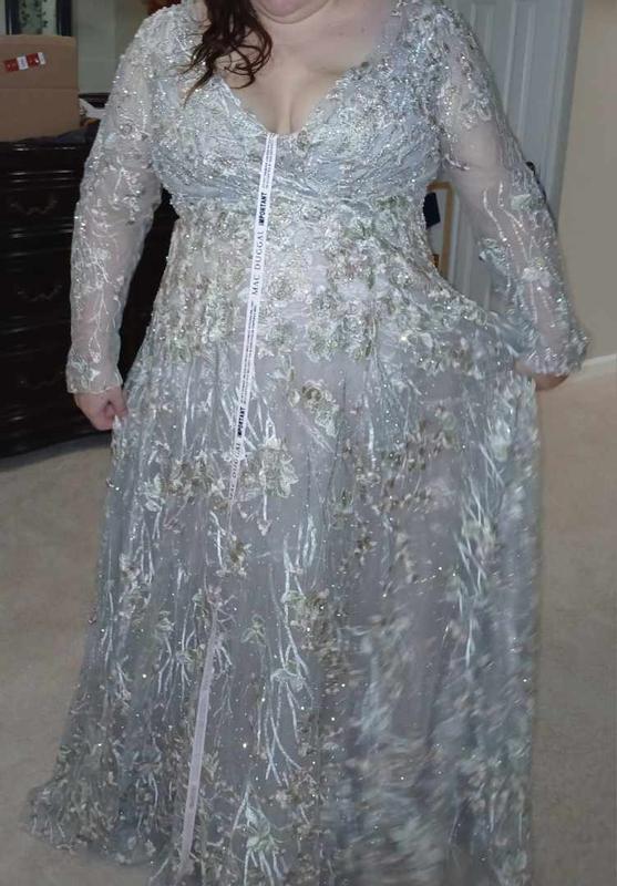 Women's Embellished Wrap Over Illusion Long Sleeve A Line Gown