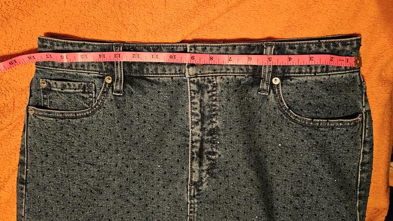 Color under different lighting, measurements size 14 & slit length, blue rhinestones close-up.