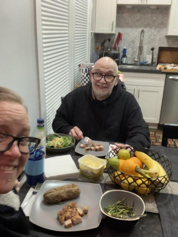 Having dinner in my Champion hoodie… I live my life in these!