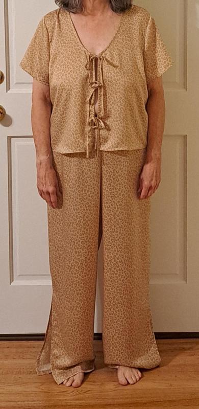 State of Day Tie Front Crepe de Chine Pajama Pant Set (Leopard, Large)