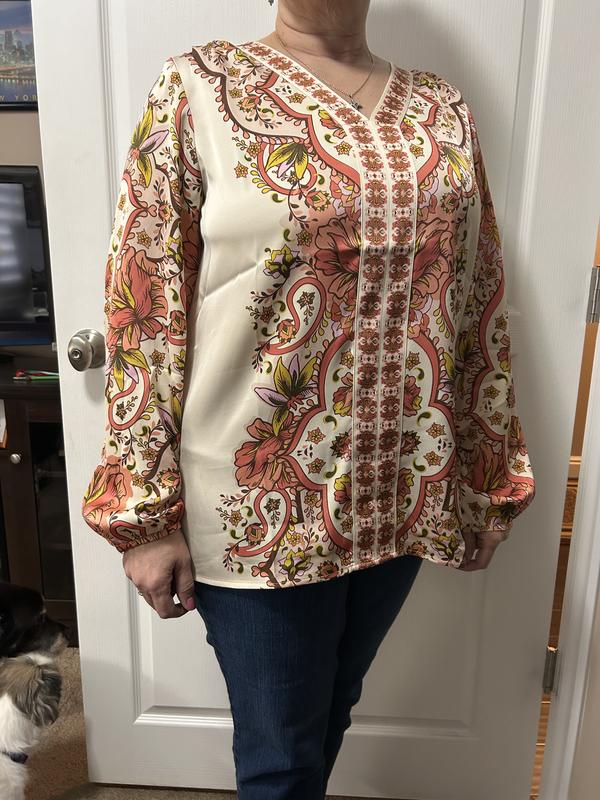 売れ筋商品|||ジェイエムコレクション カットソー トップス レディース Women's Printed Satin V-Neck Long-Sleeve Top, Exclusively at Macy's Teal Spark JM Collection Women's Long Sleeve Printed V-Neck Satin Top