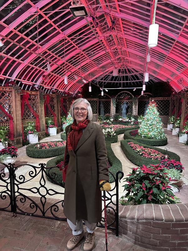 Styled with a black & red scarf for the holidays.