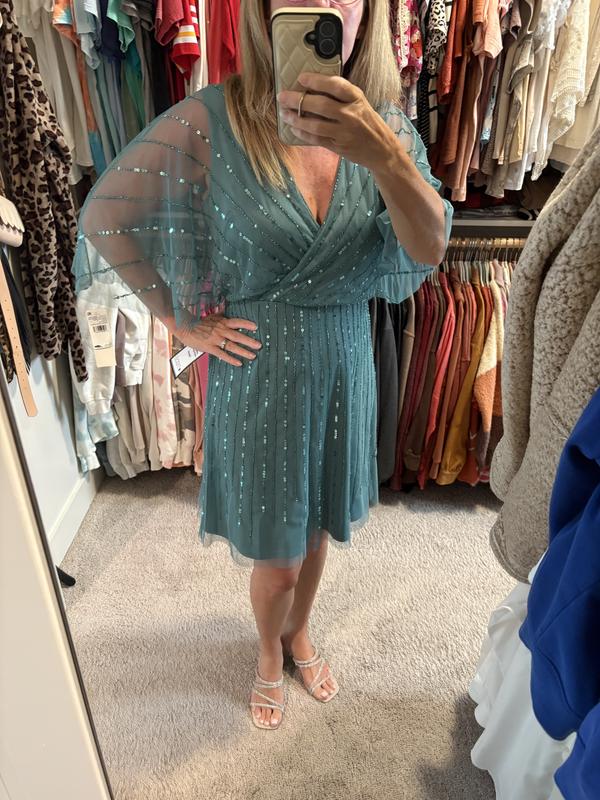 Adrianna Papell Women's Beaded Flutter-Sleeve A-Line Dress