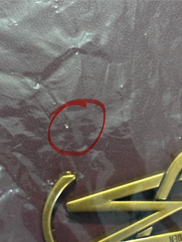 The bag wasn't supported in a big box with filler paper or bubble wrap, and it must have dangled a lot during shipping. You can see a nick.