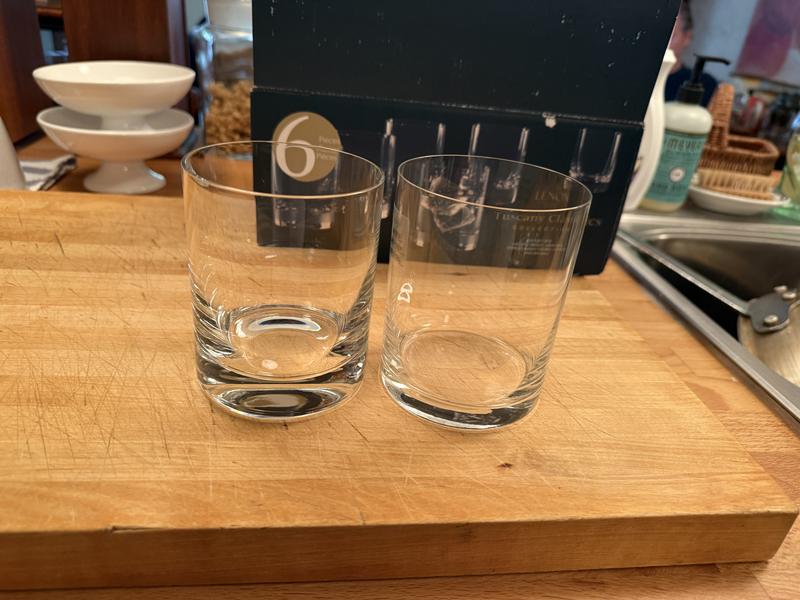 The one on left is mine, which is what I was expecting when reordering. One on right is what I received. Shallow base and thinner glass