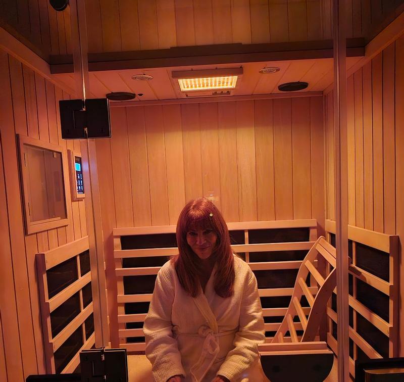 Not how I actually use the sauna LOL but note the robe
