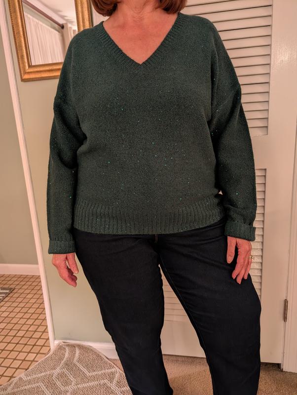 Green Sequin V Neck Sweater