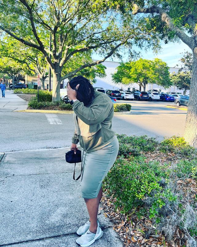 Paired with jacket and sneakers