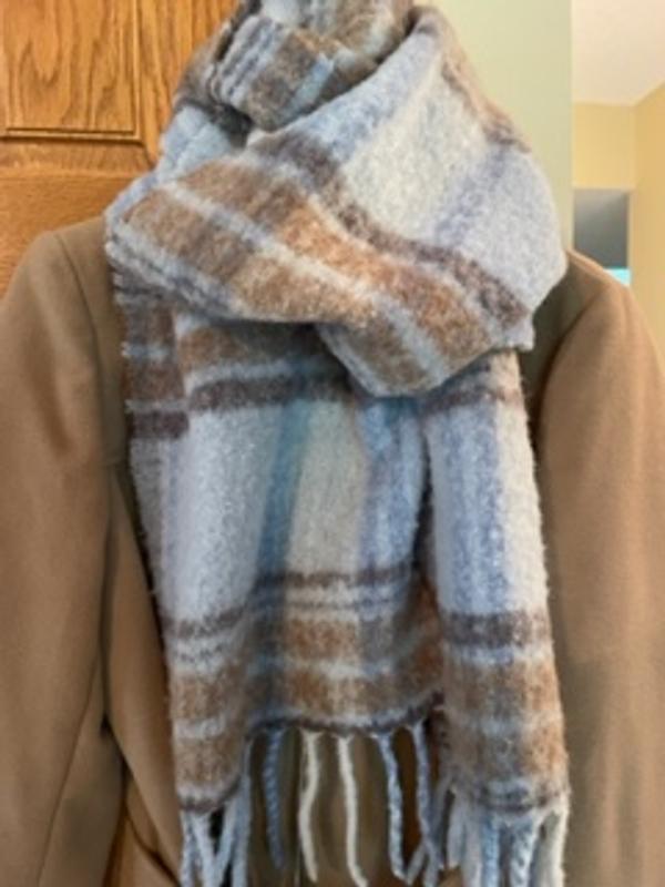 A scarf I found at Aritzia.  That's a baby blue with kaki and grey stripes.