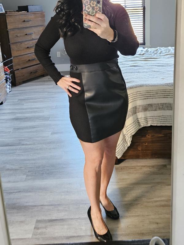 Juniors' Bodycon Faux-Leather Long-Sleeve Sweater Dress
