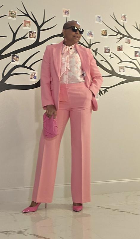 Women's One-Button Blazer, Straight-Leg Trousers & Printed Sleeveless Tie-Neck Blouse