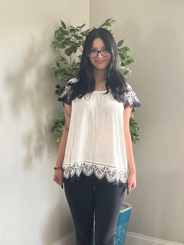 売れ筋商品|||スタイルアンドコー カットソー トップス レディース Women's Scoop-Neck Embroidered Short-Sleeve Top, Exclusively at Macy's Flutter Black Style & Co Women's Scoop-Neck Embroidered Short-Sleeve Top