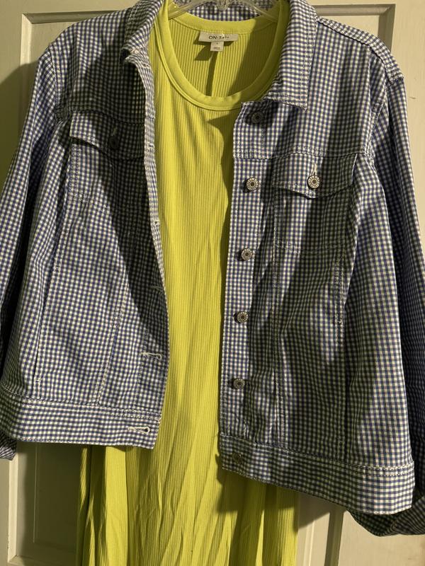 Blue and white jacket over Lime tank dress