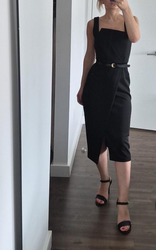 Donna Karan New York Women's Sleeveless Asymmetrical Neck Midi Sheath Dress with Belt