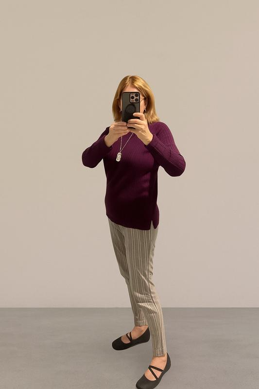 Styled for work with herringbone pants and mary janes