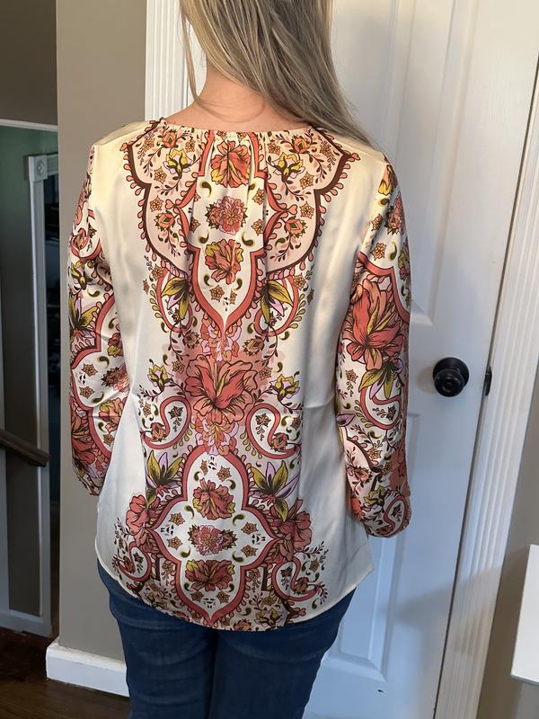 売れ筋商品|||ジェイエムコレクション カットソー トップス レディース Women's Printed Satin V-Neck Long-Sleeve Top, Exclusively at Macy's Teal Spark JM Collection Women's Long Sleeve Printed V-Neck Satin Top