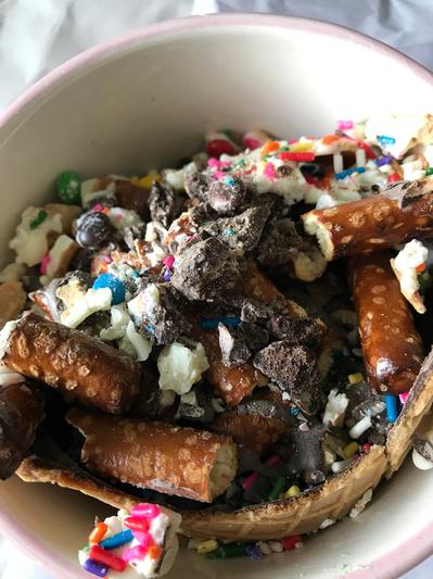 Inside a bowl to catch pieces