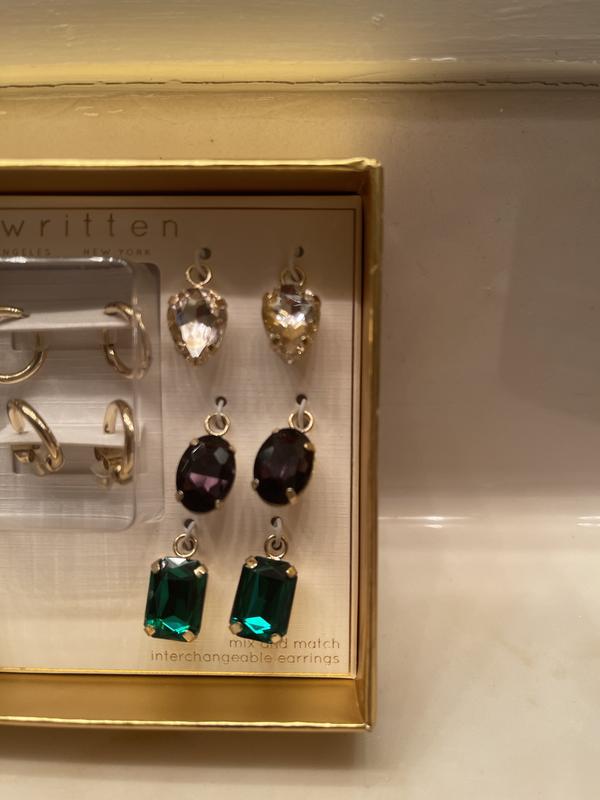 Colors include red, white, blue, light pink, purple, green, and 2 sets of gold hoops. All set in yellow gold