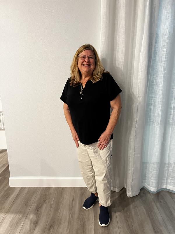 So comfortable, fits perfectly, stylish contemporary neckline and great shape after several wears and washing.