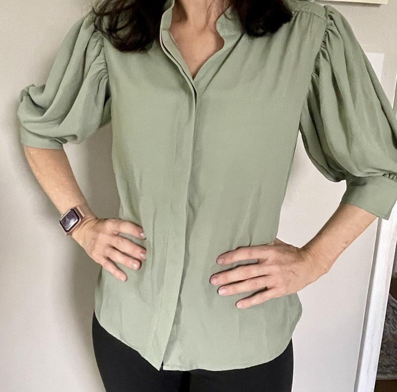 Women's Elbow Sleeve Collared Button Down Blouse