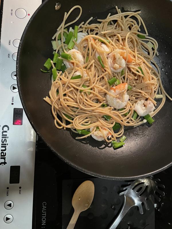 ...whole wheat pasta with shrimp ...garlic ...green scallions ... and olive oil... all prepared on the Induction Cooktop...