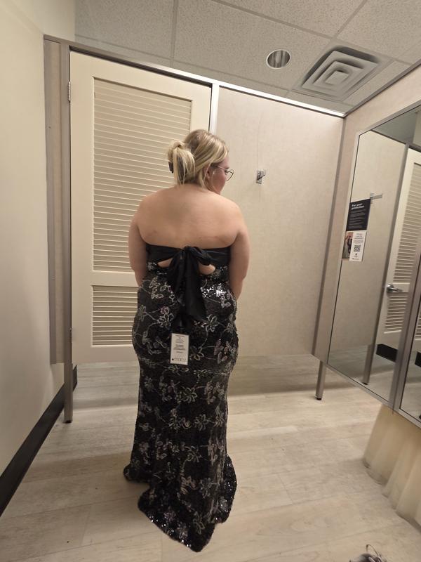 city studio strapless sequin dress macys City Studios Juniors' Satin Twist-Front Bow-Back Sequined Gown