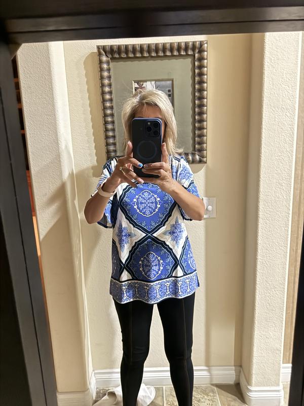 JM Collection Women's Printed Square Neck Short Sleeve Top