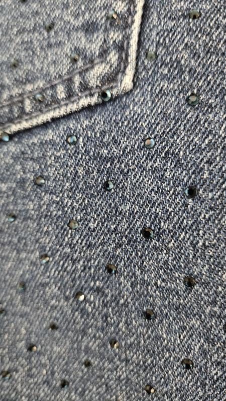 Color under different lighting, measurements size 14 & slit length, blue rhinestones close-up.