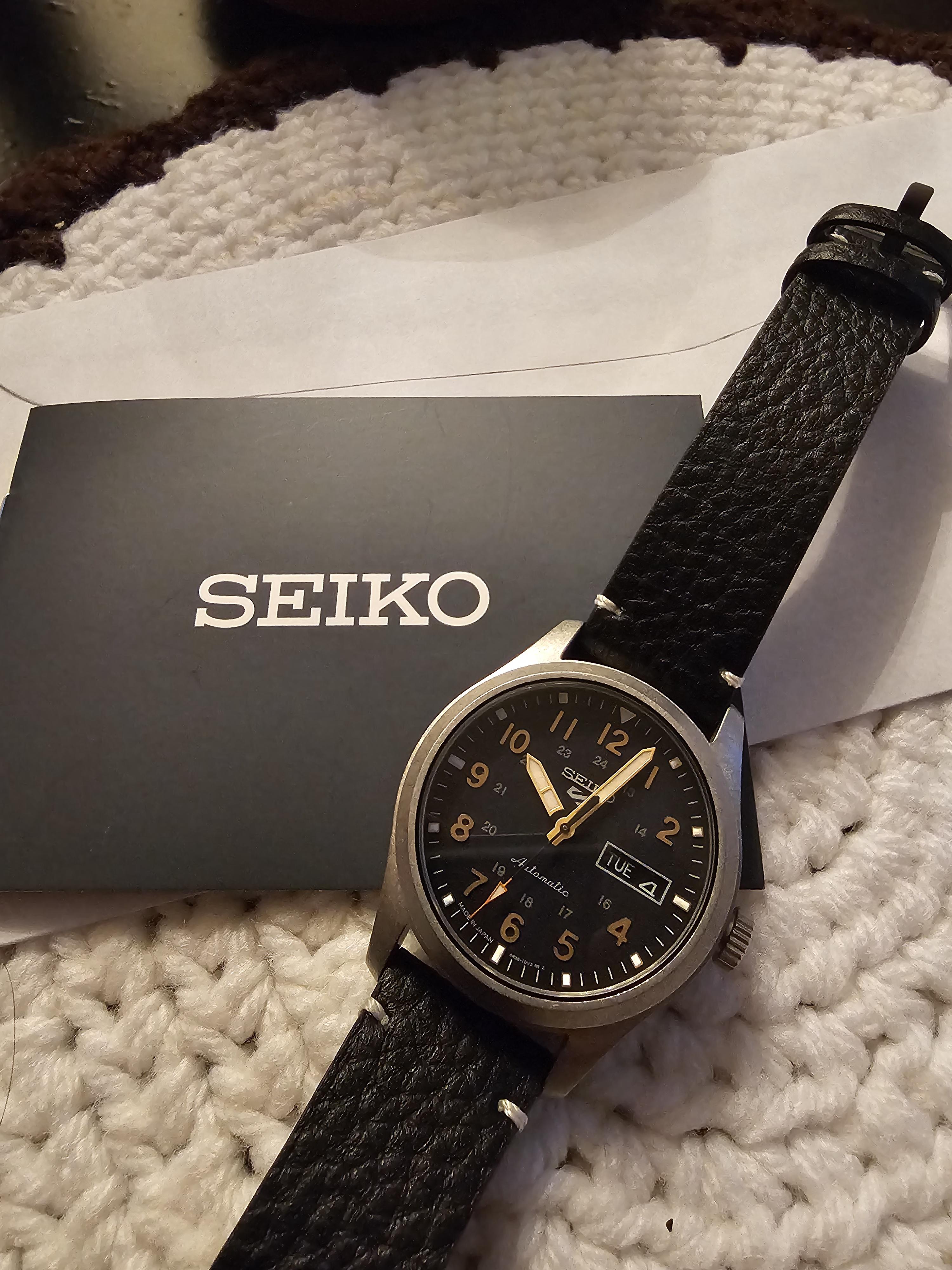 Seiko Men's Automatic 5 Sports Black Leather Strap Watch 43mm - Macy's