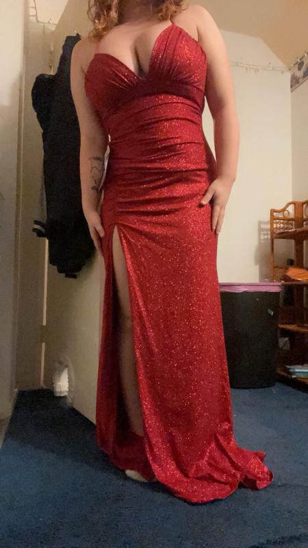 Juniors' Metallic-Threaded High-Slit Gown