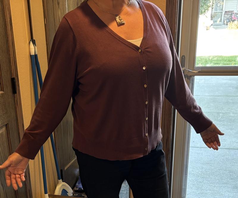 Looser fit. Looks nice with a tank top underneath. The neckline is not too low if you don’t want to wear a top underneath.