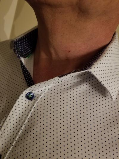 Spread collar with contrasting trim on inner collar